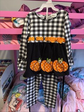 Rare Editions Black & White Gingham Pumpkin Tunic Set with Orange Appliqué